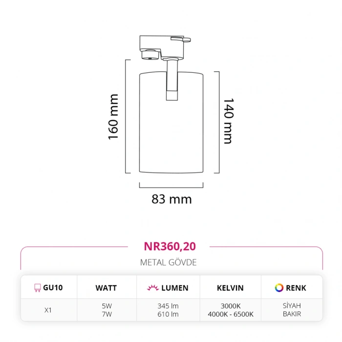 Nevo Dekoratif Ray Spot Siyah Bakır NR360