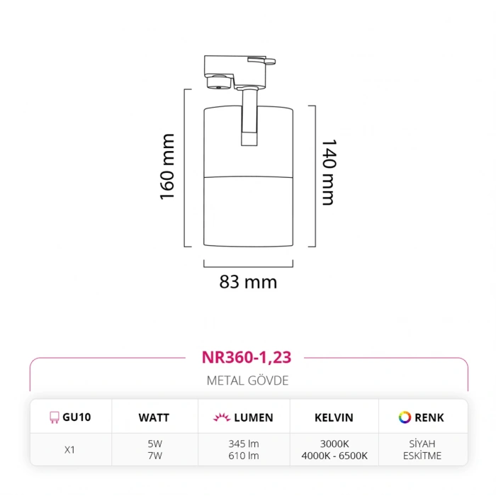 Nevo Dekoratif Ray Spot Siyah Eskitme NR360-1