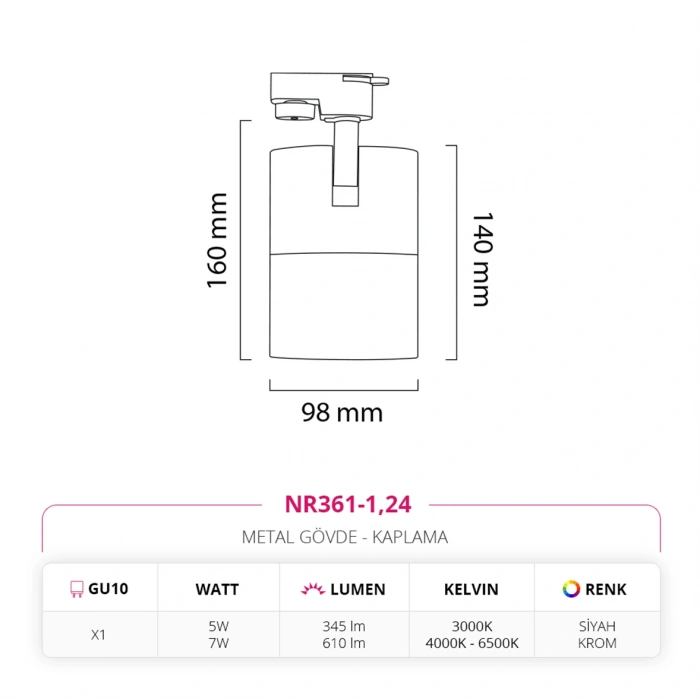 Nevo Dekoratif Siyah Krom Ray Spot NR361-1