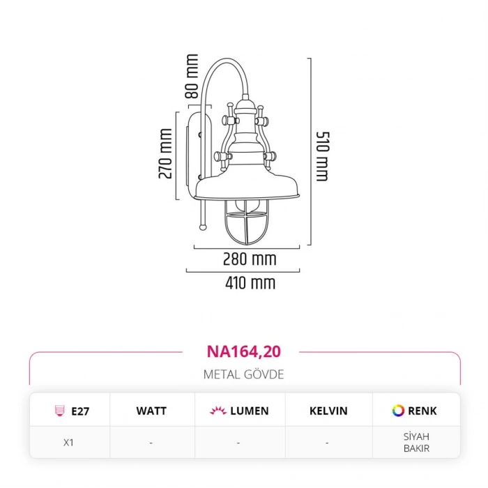 Nevo İç Mekan Aplik Siyah Bakır NA164