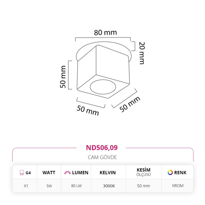 Nevo Sıva Altı Cam Spot Krom ND506