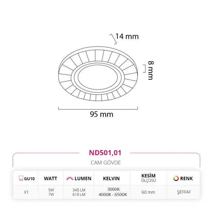 Nevo Sıva Altı Cam Spot ND501