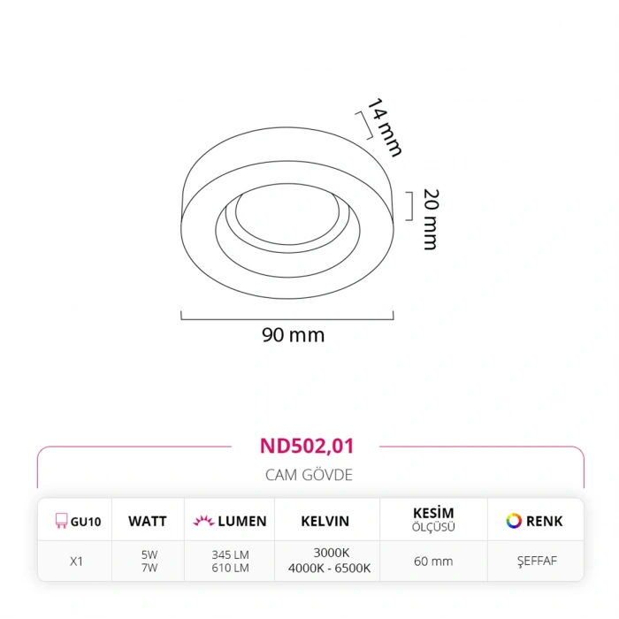 Nevo Sıva Altı Cam Spot ND502