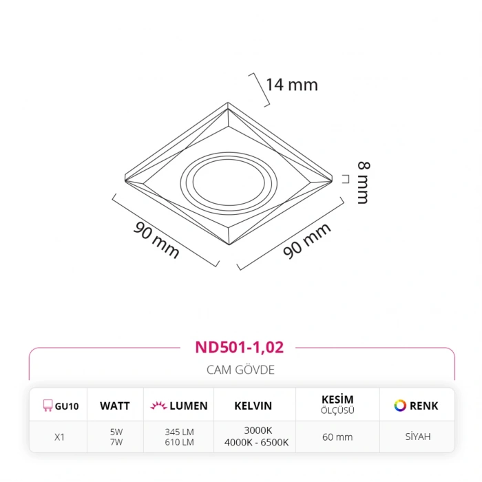 Nevo Sıva Altı Cam Spot Siyah ND501-1