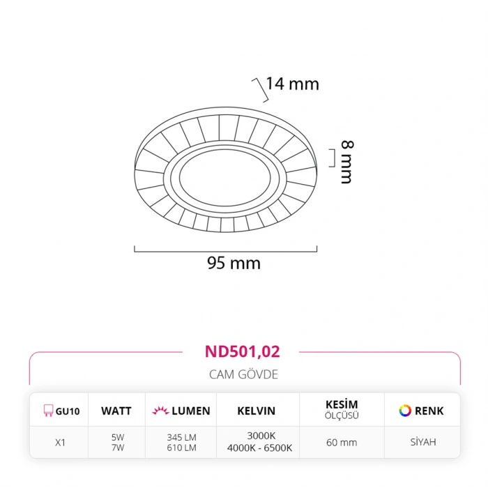 Nevo Sıva Altı Cam Spot Siyah ND501
