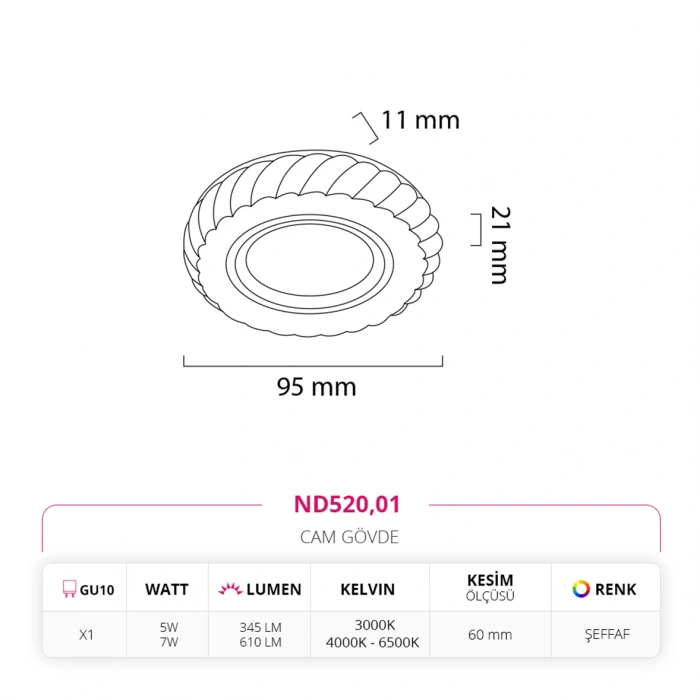 Nevo Sıva Altı Çerçeve Ledli Cam Spot ND520
