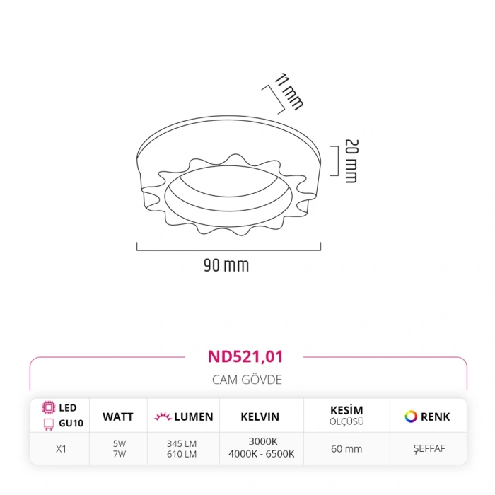 Nevo Sıva Altı Çerçeve Ledli Cam Spot ND521