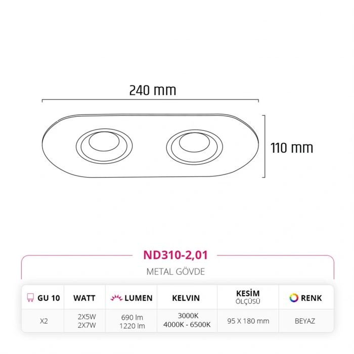 Nevo Sıva Altı İkili Led Spot Beyaz ND310-2