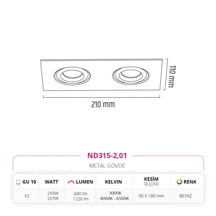 Nevo Sıva Altı İkili Led Spot Beyaz ND315-2