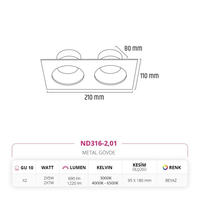 Nevo Sıva Altı İkili Led Spot Beyaz ND316-2