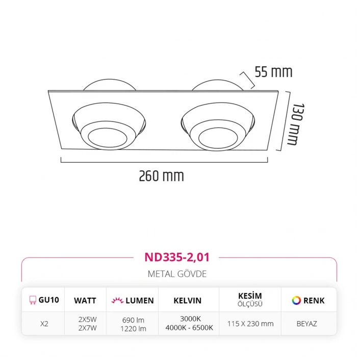 Nevo Sıva Altı İkili Led Spot Beyaz ND335-2