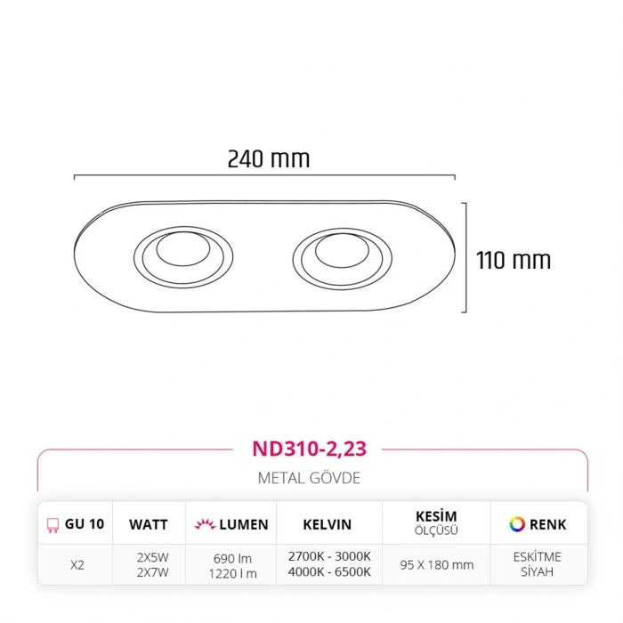 Nevo Sıva Altı İkili Led Spot Eskitme Siyah ND310-2