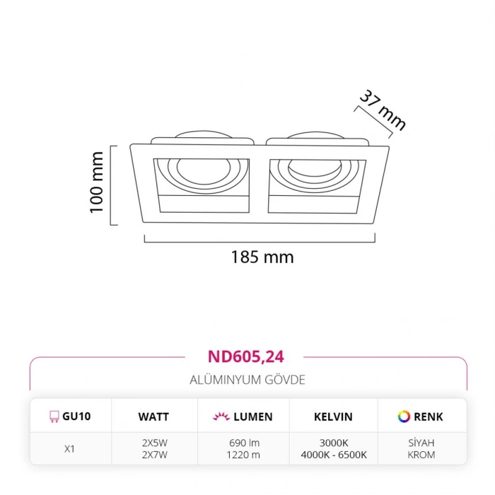 Nevo Sıva Altı İkili Led Spot Siyah Krom Siyah ND605