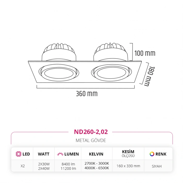 Nevo Sıva Altı İkili Led Spot Siyah ND260-2