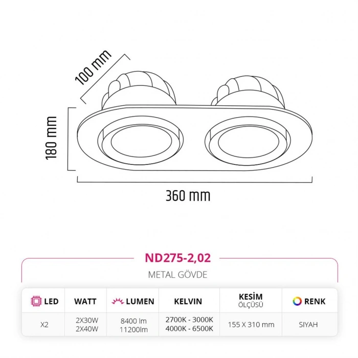 Nevo Sıva Altı İkili Led Spot Siyah ND275-2