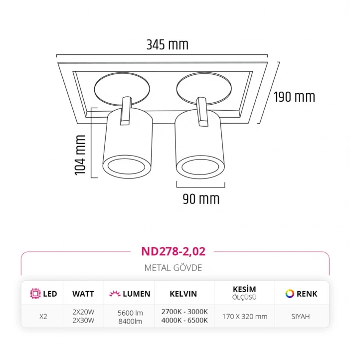 Nevo Sıva Altı İkili Led Spot Siyah ND278-2
