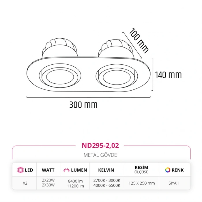 Nevo Sıva Altı İkili Led Spot Siyah ND295-2