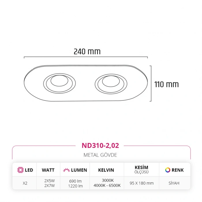 Nevo Sıva Altı İkili Led Spot Siyah ND310-2