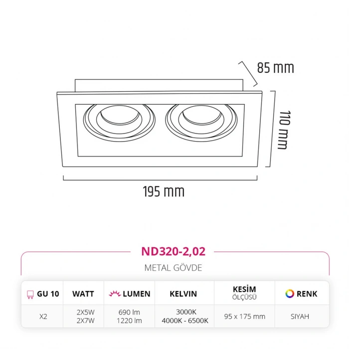 Nevo Sıva Altı İkili Led Spot Siyah ND320-2