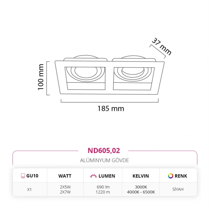 Nevo Sıva Altı İkili Led Spot Siyah ND605