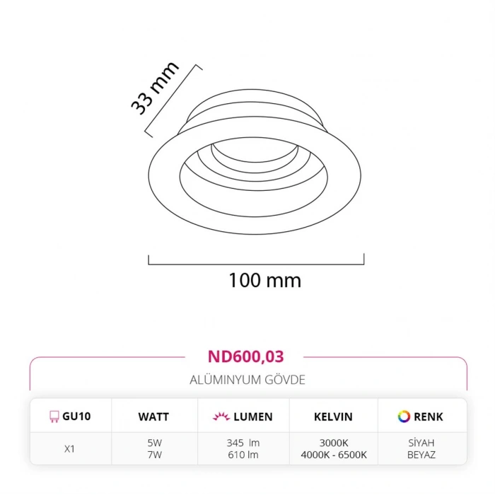 Nevo Sıva Altı Led Spot Beyaz Siyah ND600