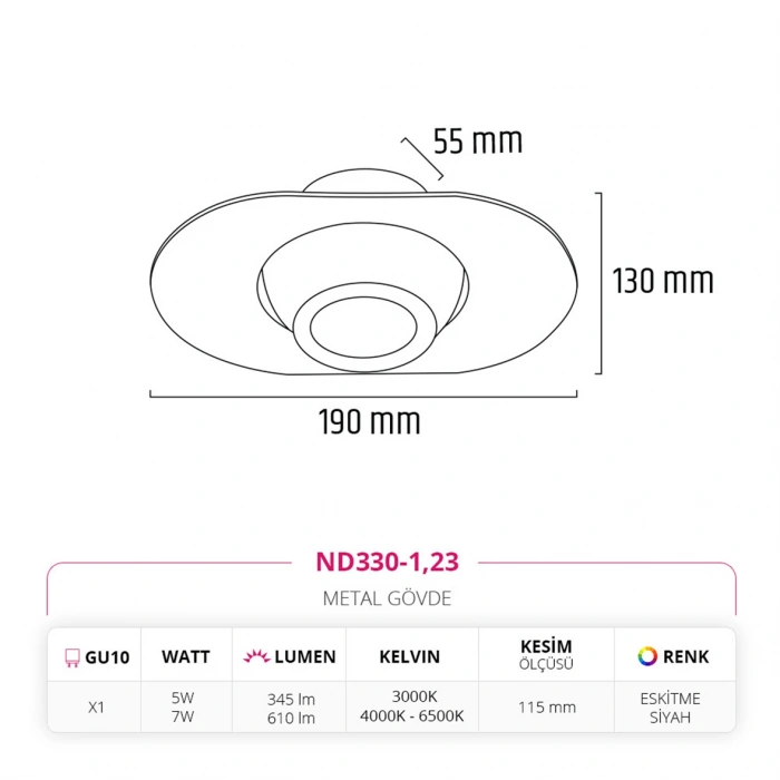 Nevo Sıva Altı Led Spot Eskitme Siyah ND330-1