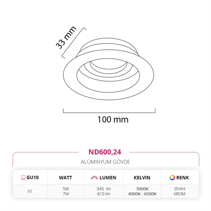 Nevo Sıva Altı Led Spot Krom Siyah ND600