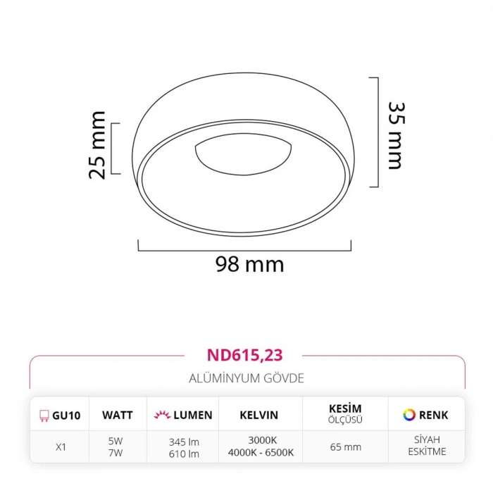 Nevo Sıva Altı Led Spot Siyah Eskitme ND615