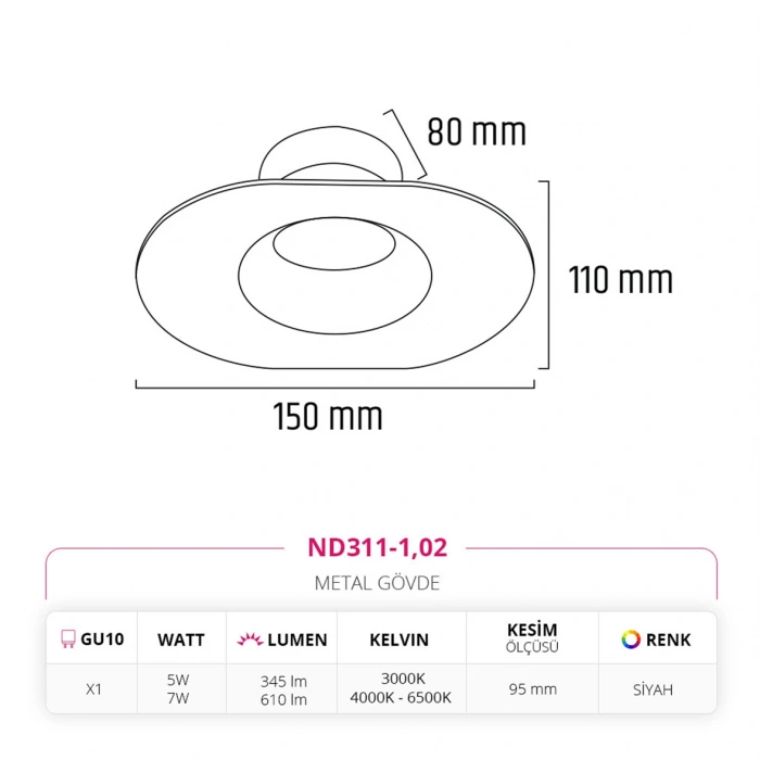 Nevo Sıva Altı Led Spot Siyah ND311-1