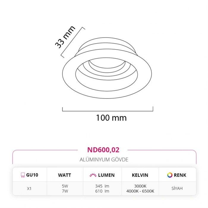 Nevo Sıva Altı Led Spot Siyah ND600