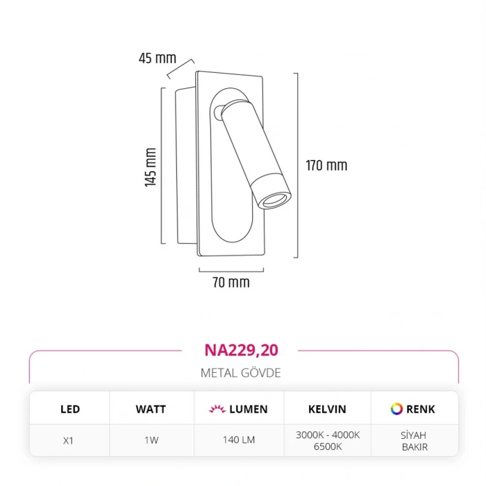 Nevo Sıva Altı Yatak Başı Aplik Siyah Bakır NA229