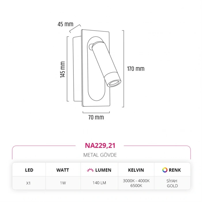 Nevo Sıva Altı Yatak Başı Aplik Siyah Gold NA229