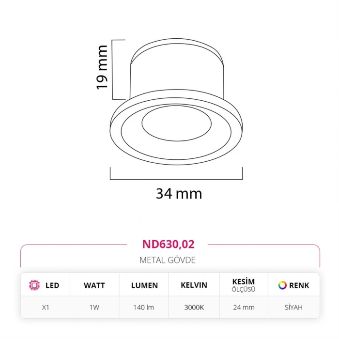 Nevo Sıva Altı Yıldız Spot Siyah ND630