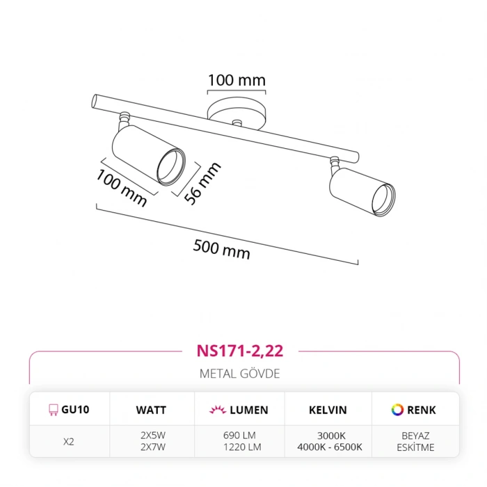 Nevo Sıva Üstü İkili Led Spot Beyaz Eskitme NS171-2