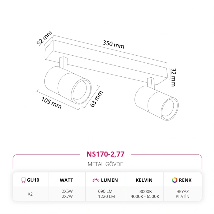 Nevo Sıva Üstü İkili Led Spot Beyaz Platin NS170-2