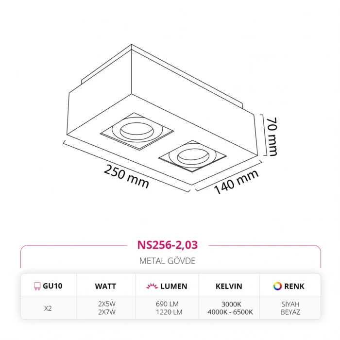 Nevo Sıva Üstü İkili Led Spot Beyaz Siyah NS256-2
