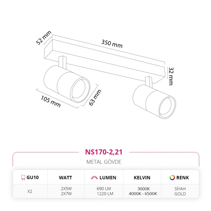 Nevo Sıva Üstü İkili Led Spot Siyah Gold NS170-2