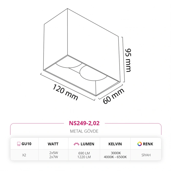 Nevo Sıva Üstü İkili Led Spot Siyah NS249-2