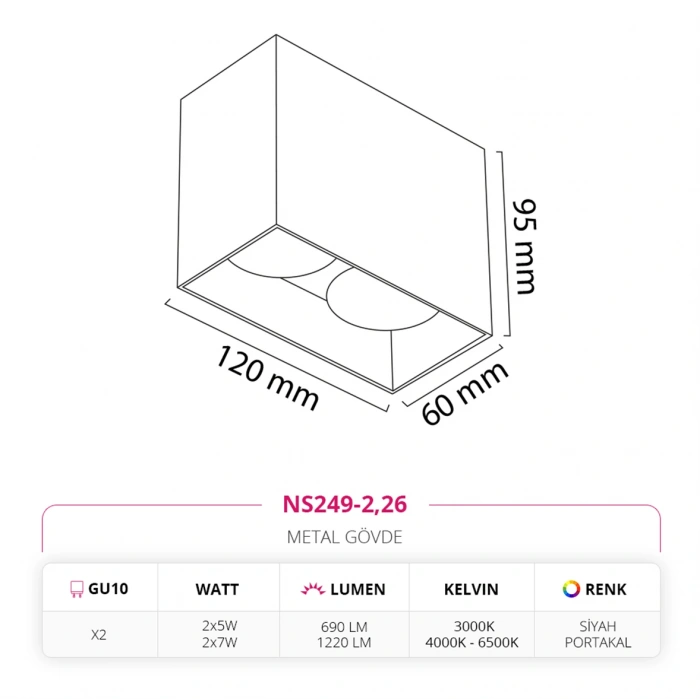 Nevo Sıva Üstü İkili Led Spot Siyah Portakal NS249-2