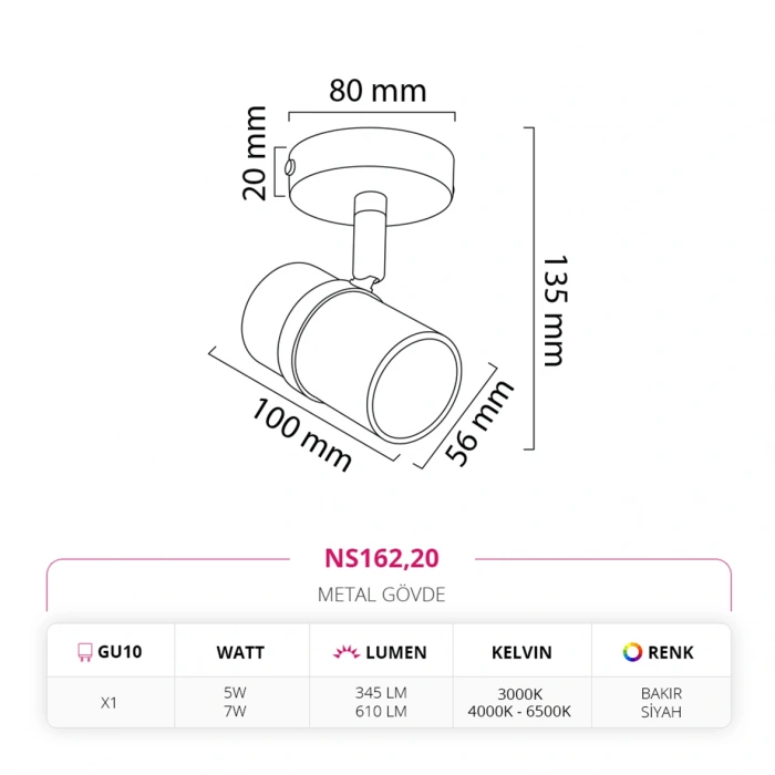 Nevo Sıva Üstü Led Spot Bakır Siyah NS162