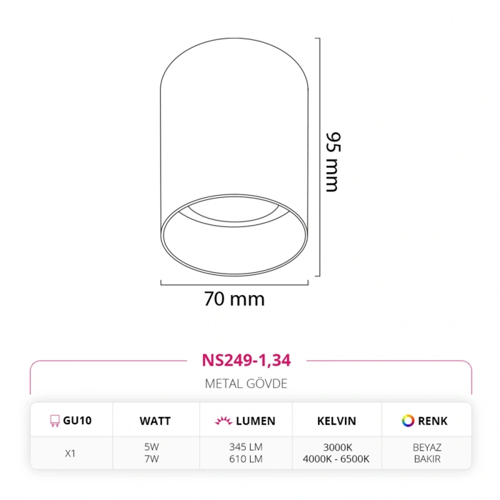Nevo Sıva Üstü Led Spot Beyaz Bakır NS249-1