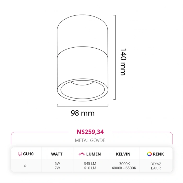 Nevo Sıva Üstü Led Spot Beyaz Bakır NS259