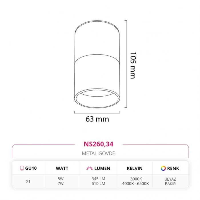 Nevo Sıva Üstü Led Spot Beyaz Bakır NS260