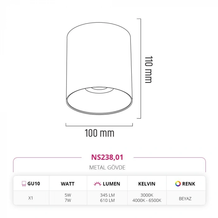 Nevo Sıva Üstü Led Spot Beyaz NS238