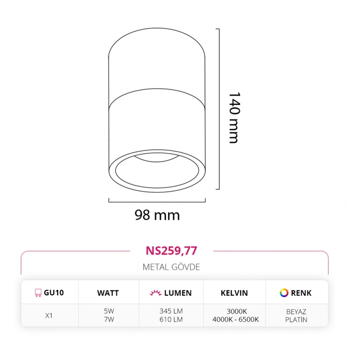 Nevo Sıva Üstü Led Spot Beyaz Platin NS259