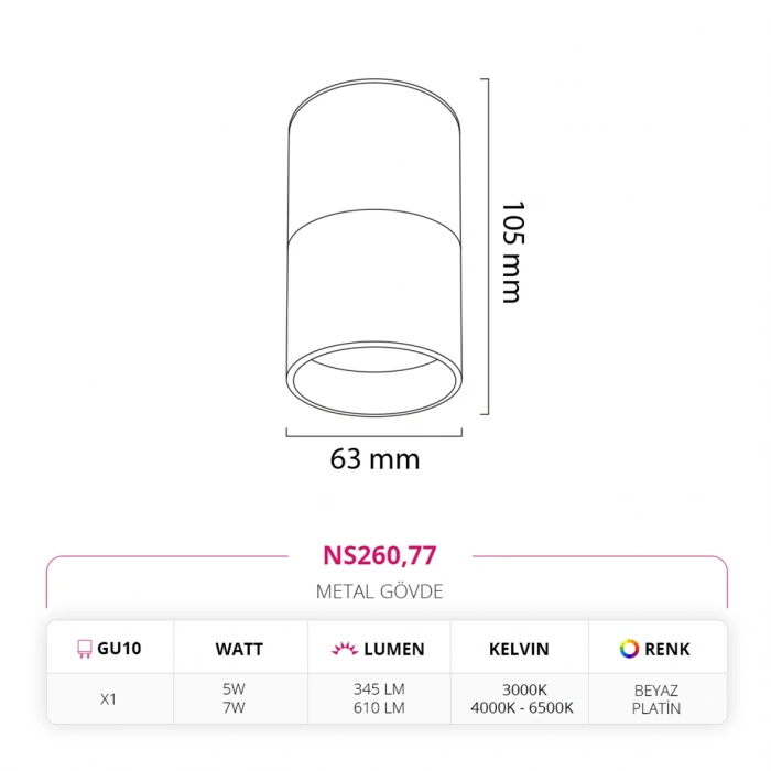 Nevo Sıva Üstü Led Spot Beyaz Platin NS260