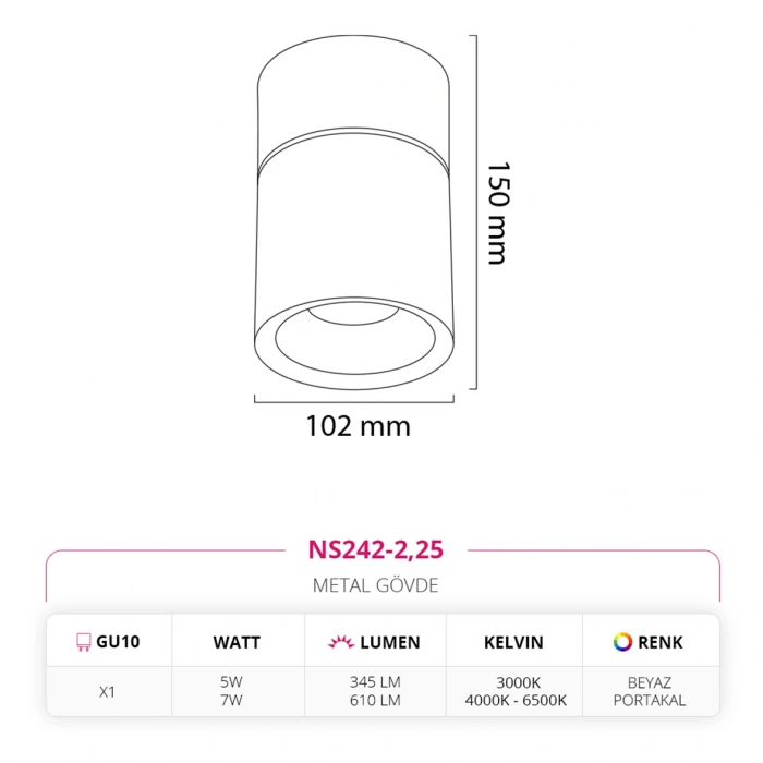 Nevo Sıva üstü Led Spot Beyaz Portakal NS242-2