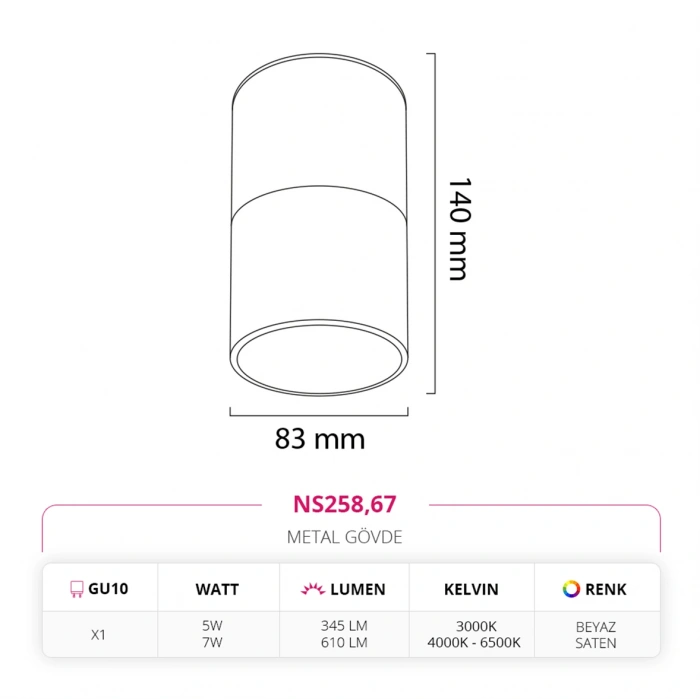 Nevo Sıva Üstü Led Spot Beyaz Saten NS258