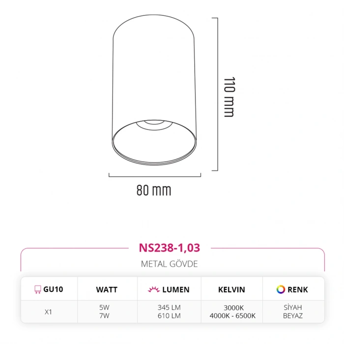 Nevo Sıva Üstü Led Spot Beyaz Siyah NS238-1