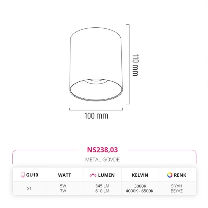 Nevo Sıva Üstü Led Spot Beyaz Siyah NS238